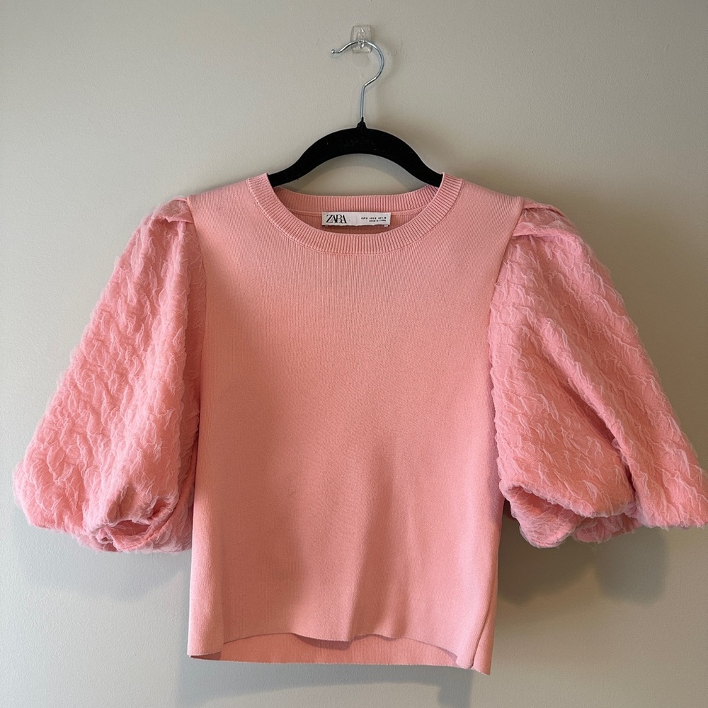 Zara Pink Knit Top with Puff Sleeves